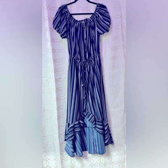 Indulge Blue and White High Low Sundress with Puff Sleeves - Picture 1 of 11